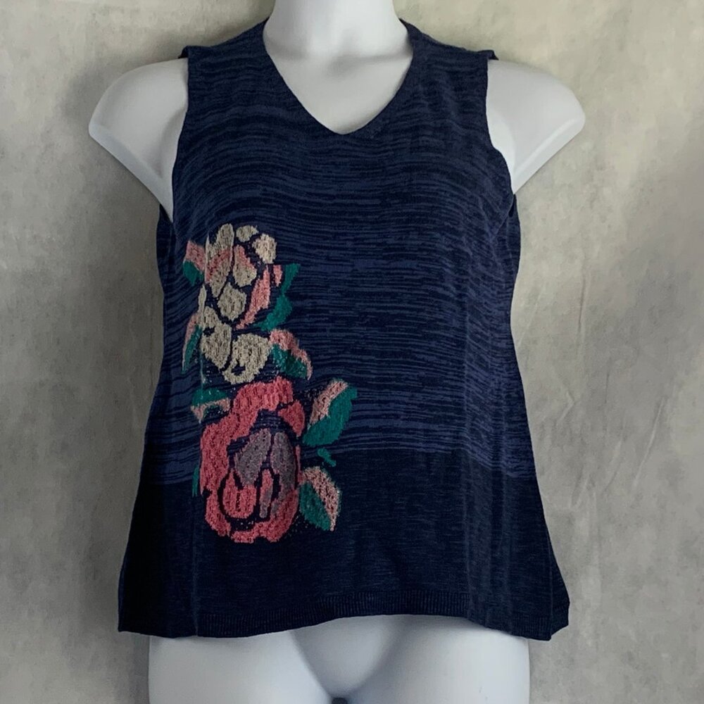 Style & Co. Women's Sleeveless V-Neck Floral Knit Tank Top, Navy Blue, Medium